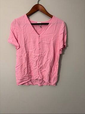 Women's Light Pink V-Neck Button-Front Short Sleeve Blouse